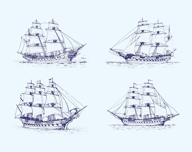Ilustração vetorial de um conjunto de navios