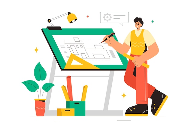 Ilustração vetorial de um engenheiro de desenho ou arquiteto trabalhando em uma tábua de desenho projetando planos e criando rascunhos para projetos de construção