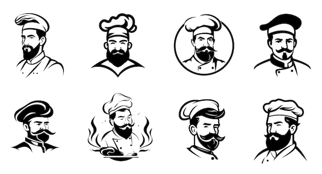 Ilustração vetorial de um esboço de um chef com um bigode e um conjunto de chapéus de logotipo