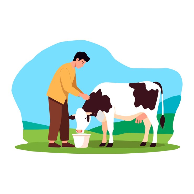 Vetor ilustração vetorial de um fazendeiro alimentando uma vaca holstein frisian estilo de desenho animado plano ideal para a agricultura