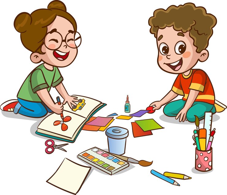 Vetor ilustração vetorial de um grupo de crianças pequenas e bonitas cortando papel para arte com um amigo