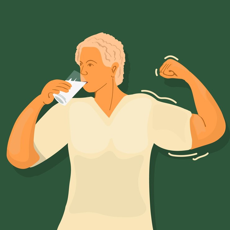 Vetor ilustração vetorial de um homem bebendo leite para ganhar peso nutrição saudável para ganhar músculo