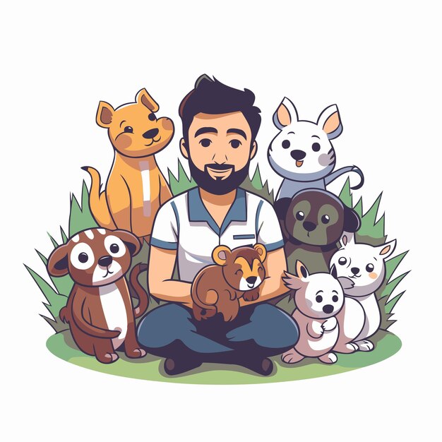Vetor ilustração vetorial de um homem com um grupo de animais de estimação estilo desenho animado