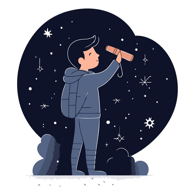 Vetor ilustração vetorial de um homem com um telescópio no céu noturno