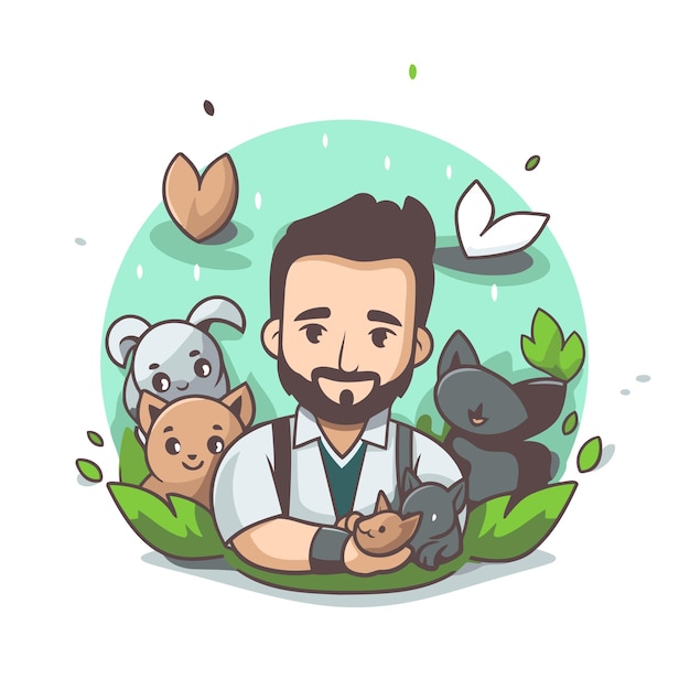 Vetor ilustração vetorial de um homem de desenho animado com animais bonitos no jardim