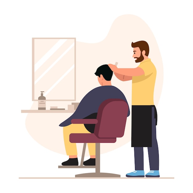Ilustração vetorial de um homem em uma barbearia cena de desenho animado de um cabeleireiro fazendo um corte de cabelo para um cliente um grande espelho um frasco com um dispensador uma escova de cabelo uma cadeira isolada em um fundo branco