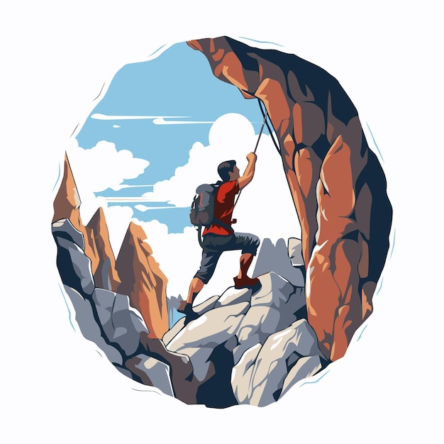 Ilustração vetorial de um homem escalando uma rocha nas montanhas