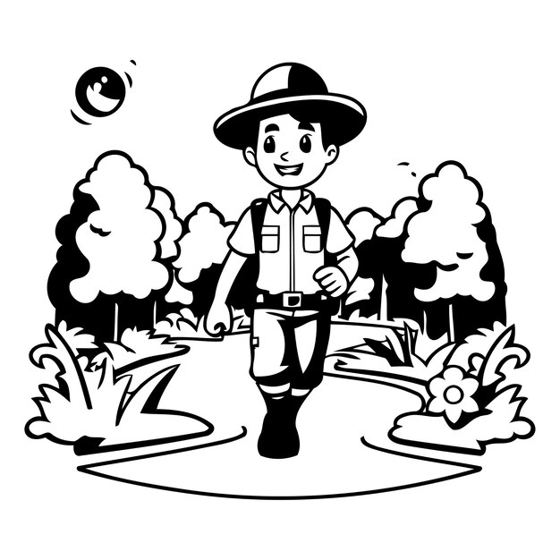Vetor ilustração vetorial de um homem feliz em roupa de safári caminhando na floresta