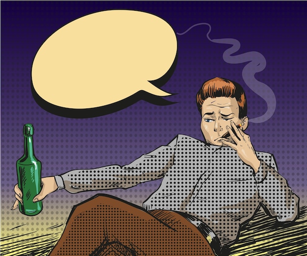 Vetor ilustração vetorial de um homem segurando uma garrafa na mão e fumando um cigarro homem triste, intoxicado e relaxado em estilo cômico de arte pop retrô