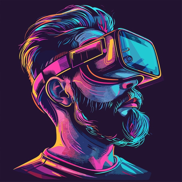 Ilustração vetorial de um homem usando óculos de realidade virtual isolado em fundo escuro