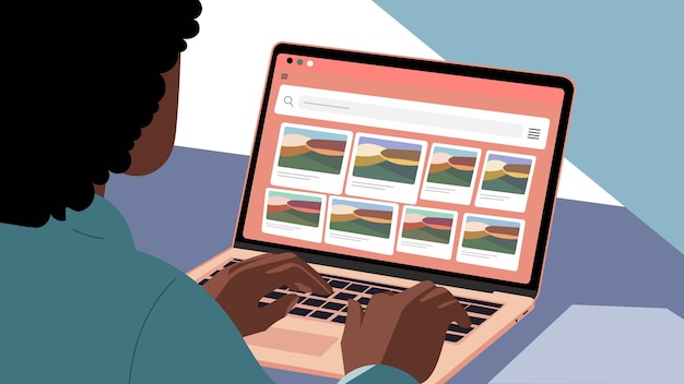 ilustração vetorial de um indivíduo com cabelos encaracolados sentado na frente de um laptop com as mãos