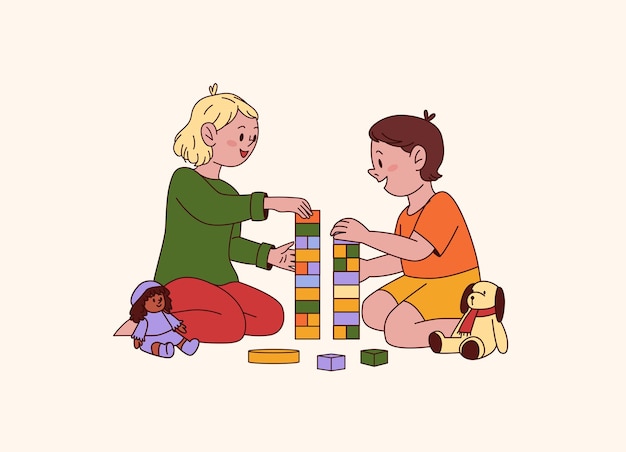 Ilustração vetorial de um irmão e uma irmã felizes brincando com cubos e brinquedos no chão em ambientes fechados