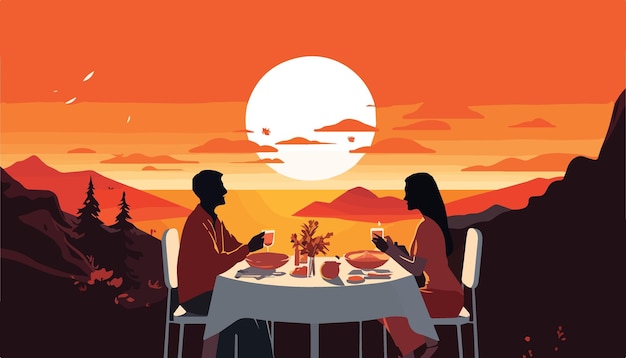 Vetor ilustração vetorial de um jantar romântico nas montanhas ao pôr do sol um homem e uma mulher estão sentados em