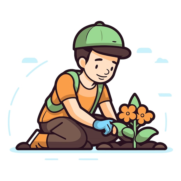 Ilustração vetorial de um jardineiro plantando uma flor no jardim