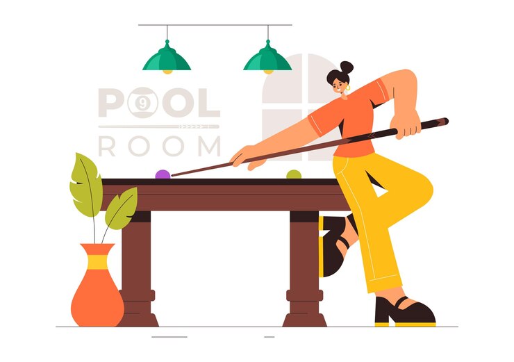 Vetor ilustração vetorial de um jogo de bilhar com um jogador em uma sala de bilhar segurando um bastão com uma mesa de bilhar e bolas em um clube esportivo