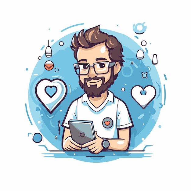 Vetor ilustração vetorial de um jovem com barba, óculos e camiseta usando um tablet