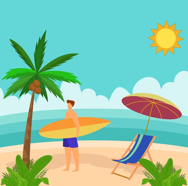 Ilustração vetorial de um jovem de fato de banho caminhando com sua prancha Conceito de soma de verão