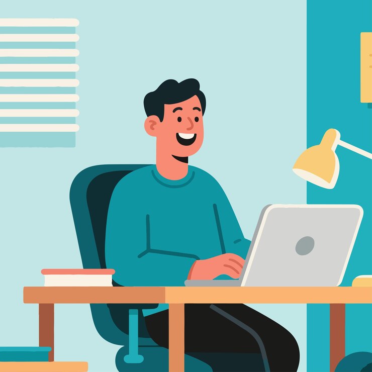 Vetor ilustração vetorial de um jovem feliz no trabalho com um fundo plano simples e minimalista