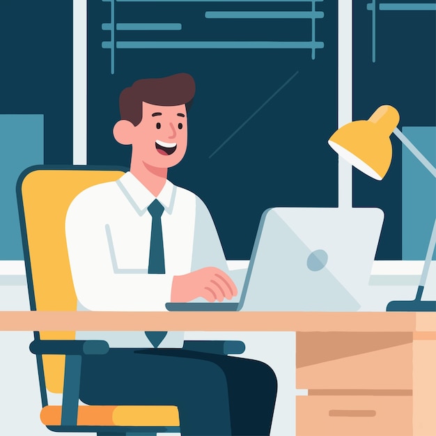 Ilustração vetorial de um jovem feliz no trabalho com um fundo plano simples e minimalista