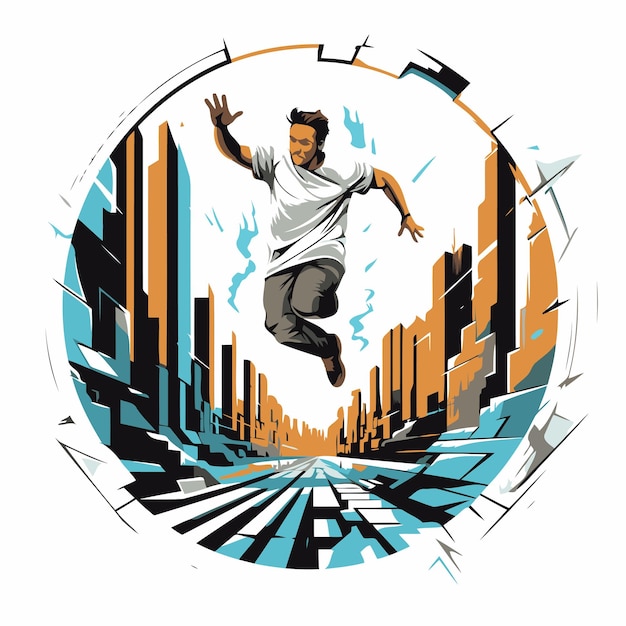 Vetor ilustração vetorial de um jovem saltando na cidade breakdance