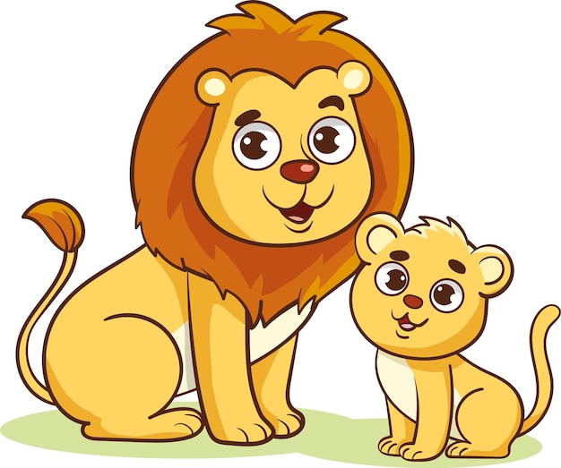 Vetor ilustração vetorial de um leão bonito e um leãozinho personagem de desenho animado em fundo branco