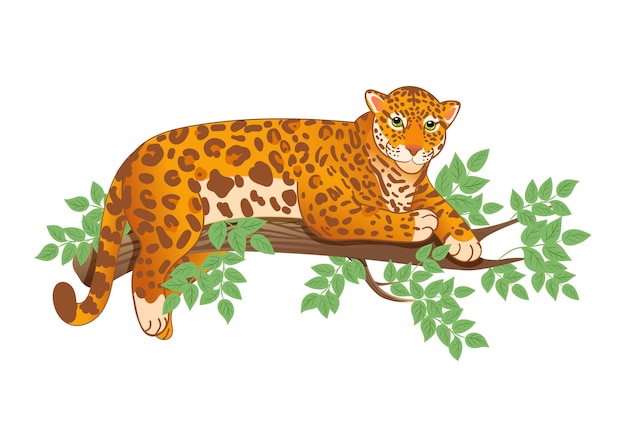 Vetor ilustração vetorial de um leopardo ou jaguar deitado em um galho de árvore no estilo cartoon