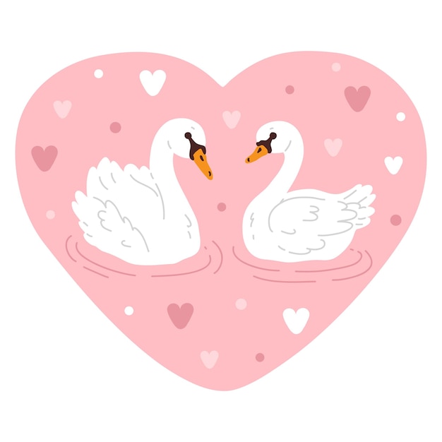 Ilustração vetorial de um lindo casal de cisnes de desenho animado para design de cartões de saudação de selo digital
