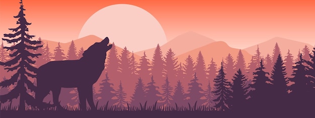 Ilustração vetorial de um lobo uivando em pé na colina com vista panorâmica da floresta de montanhas e belo pôr do sol eps