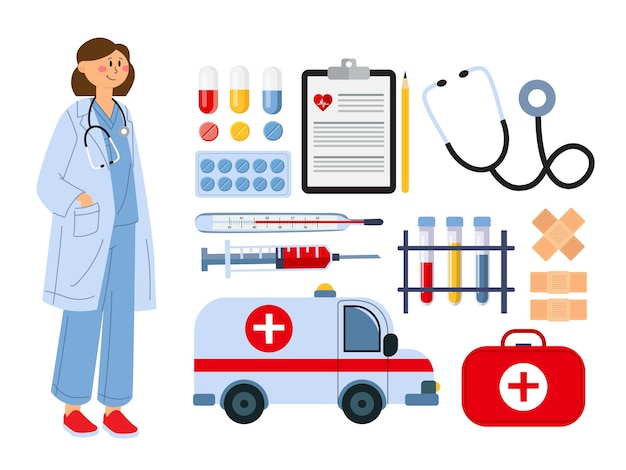 Ilustração vetorial de um médico com um inventário