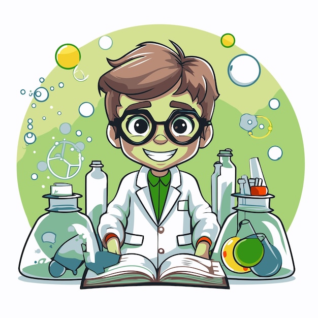 Ilustração vetorial de um menino cientista lendo um livro em um laboratório de química