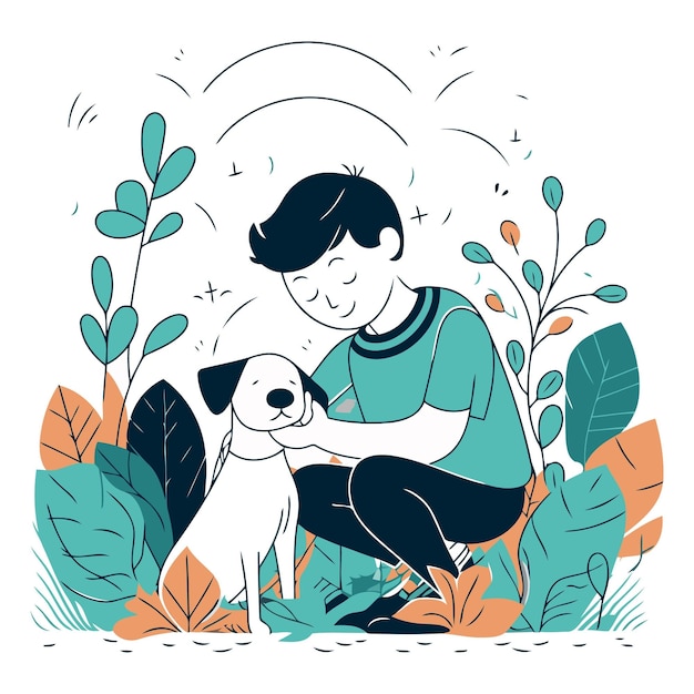 Vetor ilustração vetorial de um menino com um cachorro no jardim em estilo plano