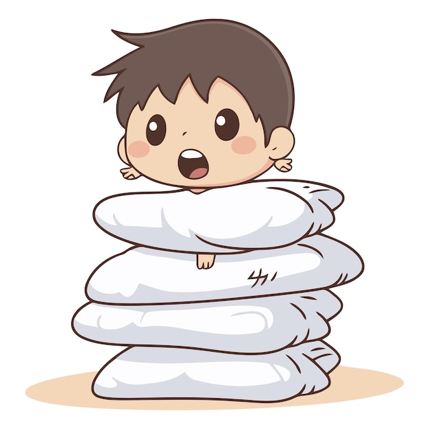 Vetor ilustração vetorial de um menino com uma pilha de travesseiros