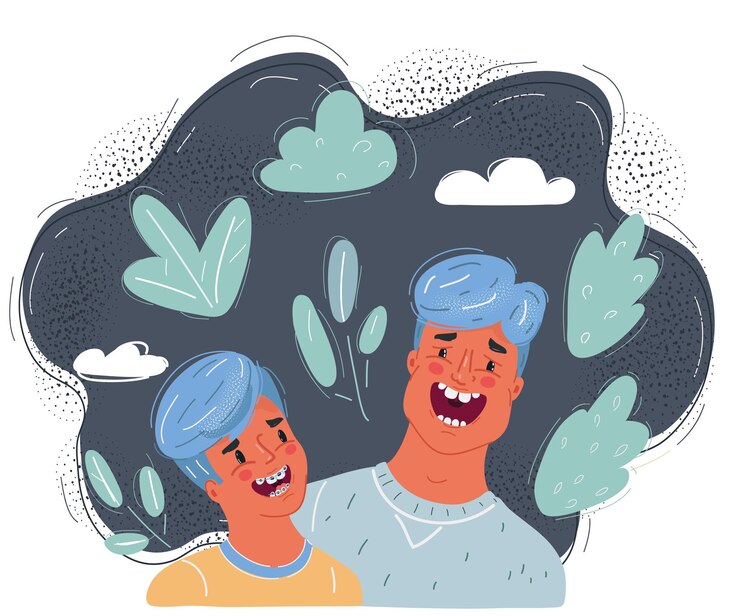 Vetor ilustração vetorial de um menino conversando com seu jovem pai isolado em fundo escuro