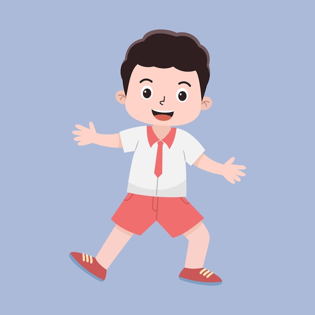 Vetor ilustração vetorial de um menino da escola primária indonésia em uniforme branco e vermelho e estilo plano