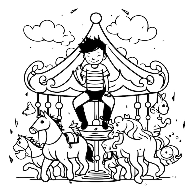 Vetor ilustração vetorial de um menino montando um cavalo em um carnaval