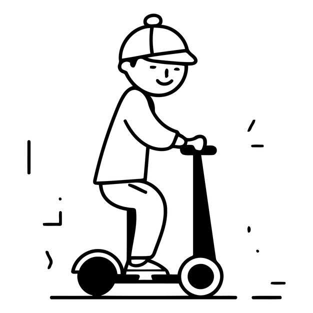 Vetor ilustração vetorial de um menino montando uma scooter elétrica em um estilo plano