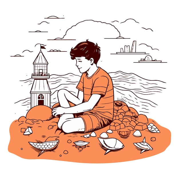 Vetor ilustração vetorial de um menino sentado na areia e olhando para o farol