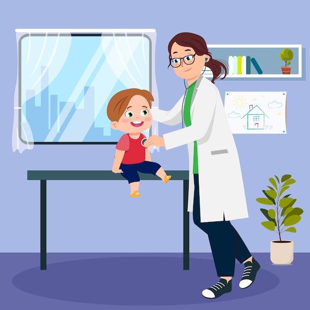 Ilustração vetorial de um menino sorridente sendo examinado por um médico Cena de desenho animado com um menino sendo ouvido por um médico com um estetoscópio em uma sala com uma janela uma foto uma prateleira e vasos de flores