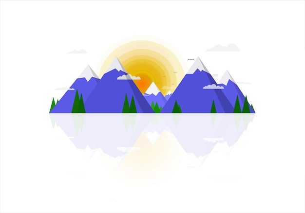 Ilustração vetorial de um nascer do sol enevoado nas montanhas de gelo azul