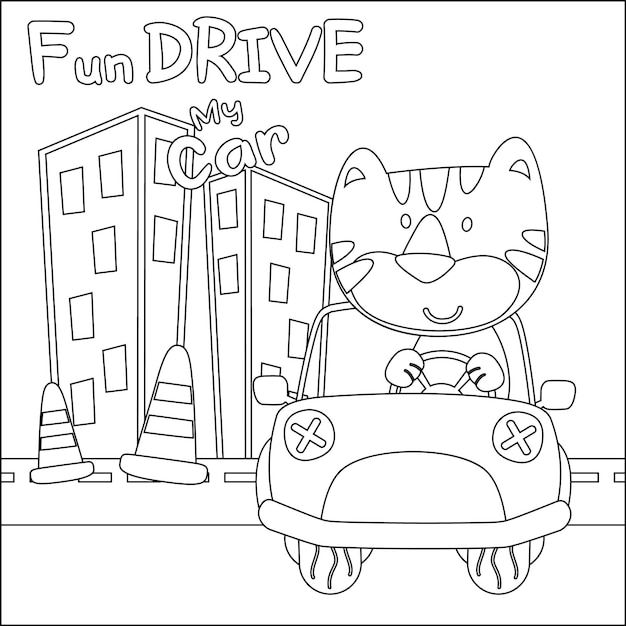 Vetor ilustração vetorial de um tigre divertido dirigindo o carro branco design infantil para atividades infantis, livro de colorir ou página