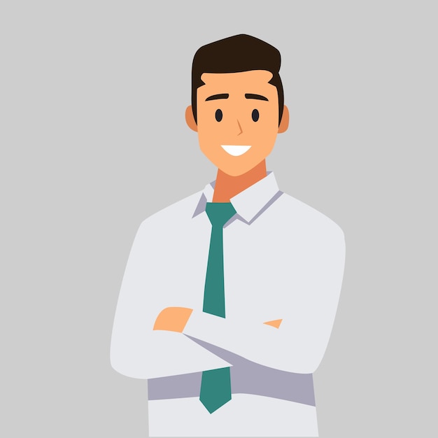 Ilustração vetorial de um trabalhador de escritório sorridente em camisa branca e gravata em fundo cinza
