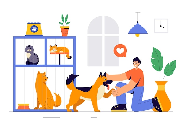 Ilustração vetorial de uma agência de adoção de animais com adoção de pets de um abrigo com gatos e cães em um fundo de desenho animado plano