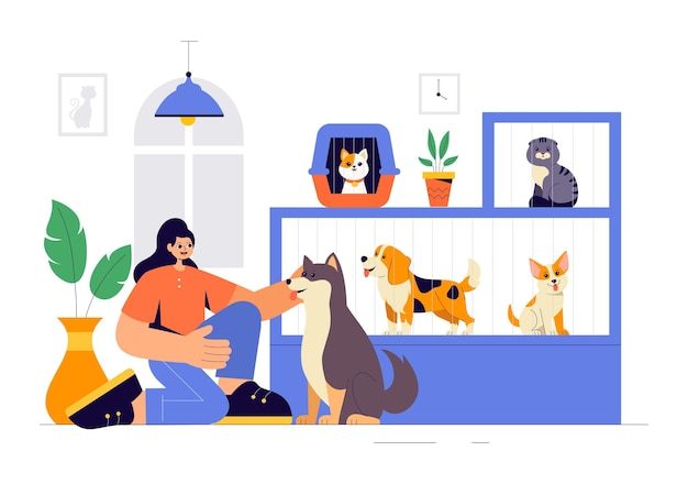 Ilustração vetorial de uma agência de adoção de animais com adoção de pets de um abrigo com gatos e cães em um fundo de desenho animado plano