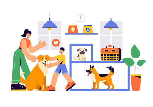 Ilustração vetorial de uma agência de adoção de animais com adoção de pets de um abrigo com gatos e cães em um fundo de desenho animado plano