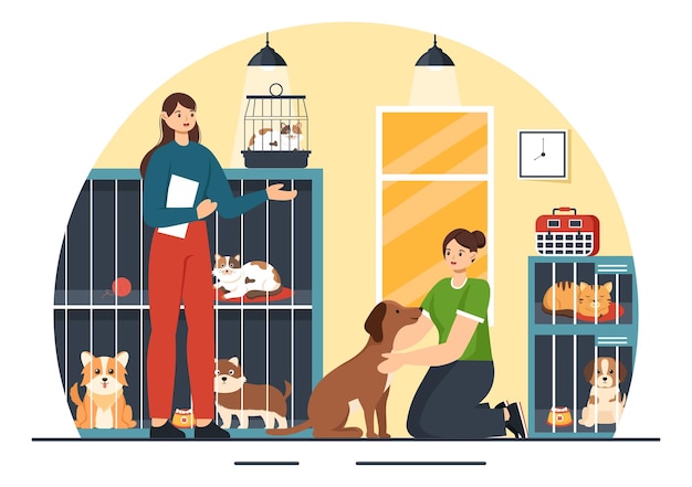 Ilustração vetorial de uma agência de adoção de animais com Adoptar um animal de estimação de um abrigo de animais com gatos e cães no fundo de desenho animado plano