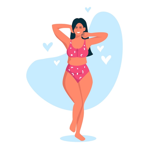 Ilustração vetorial de uma bela garota com uma figura curva cena de desenho animado com uma garota bronzeada em fato de banho que está satisfeita com sua aparência e se ama isolada em um fundo branco