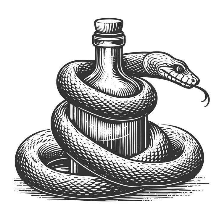 Vetor ilustração vetorial de uma cobra enrolada em torno de uma garrafa