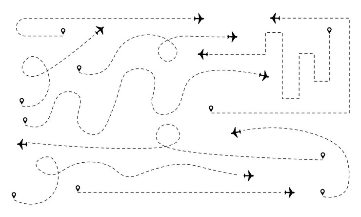 Vetor ilustração vetorial de uma coleção de rotas de avião com várias formas