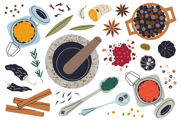 Ilustração vetorial de uma coleção plana de especiarias de desenho animado com pestilha de argamassa e ingredientes coloridos