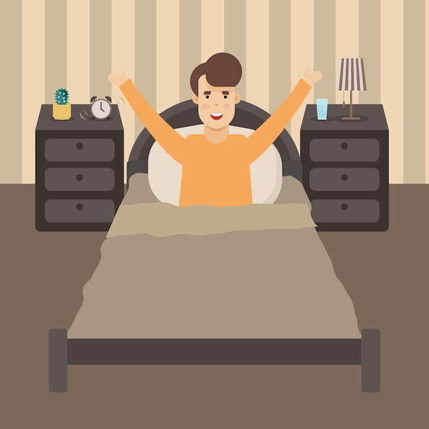 Ilustração vetorial de uma criança acordando Ilustração plana do quarto